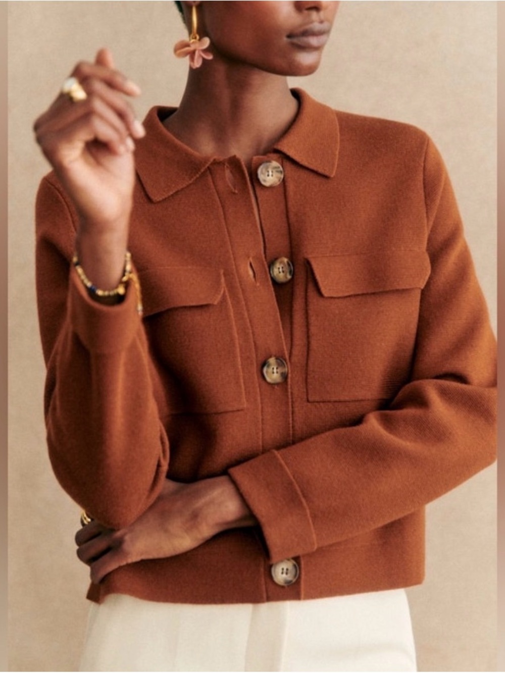 Sezane Betty Womens Brown Button-Front Wool Jacket